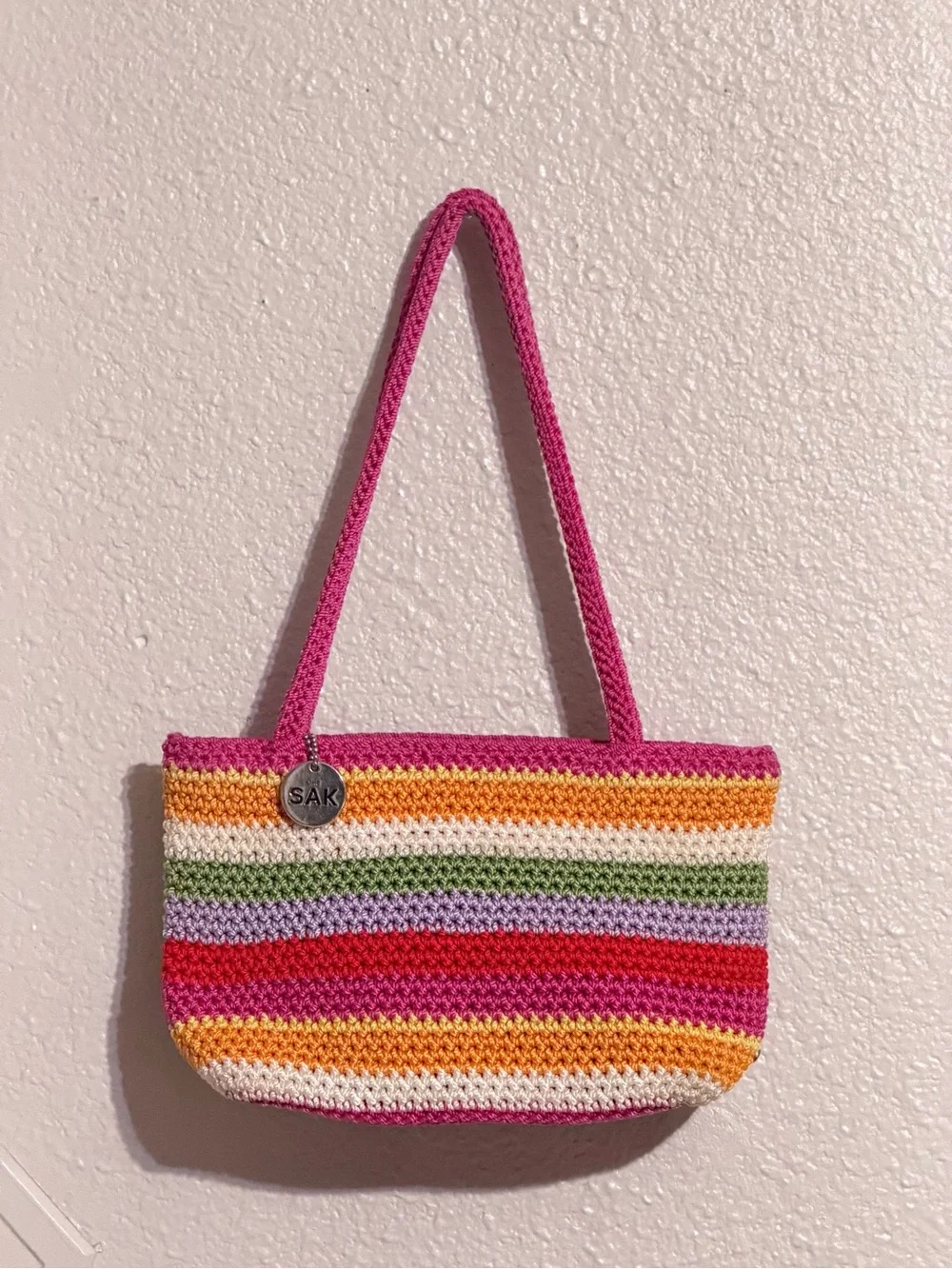 The Sak Small Handbag Knit Crochet Striped Fully Lined Purse Zipper Closure